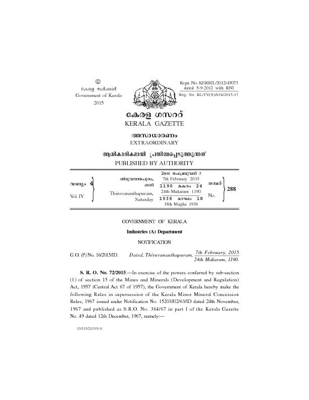 GOVERNMENT  OF  KERALANOTIFICATIONG.O.(P)No.16/2015/ID.Dated,Thiruvana