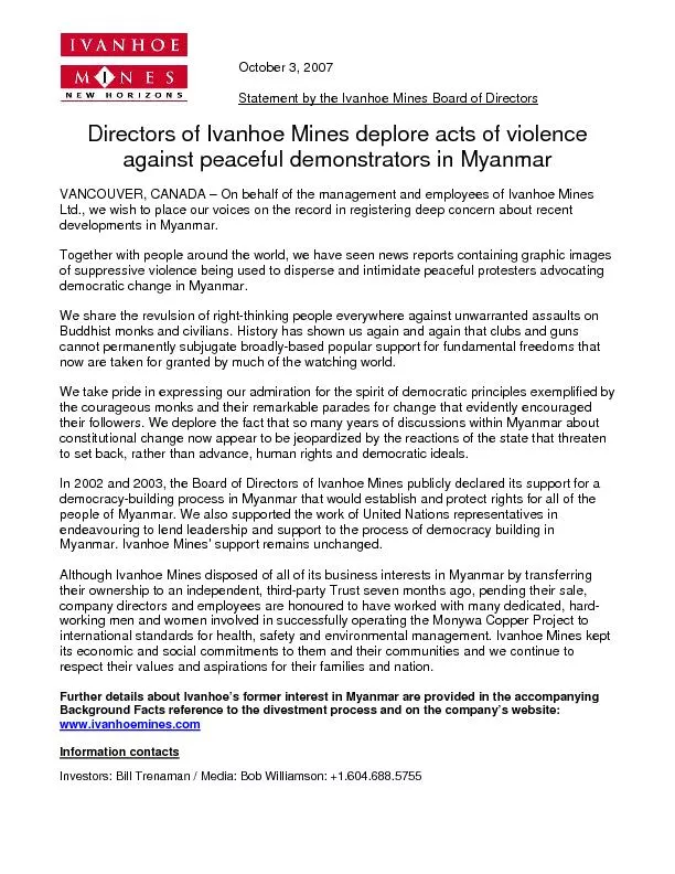 Directors of Ivanhoe mines deplore acts of violence against peaceful demonstrators in