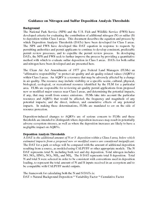 Guldance on NItroges and sulfur deposltion analysis thresholds