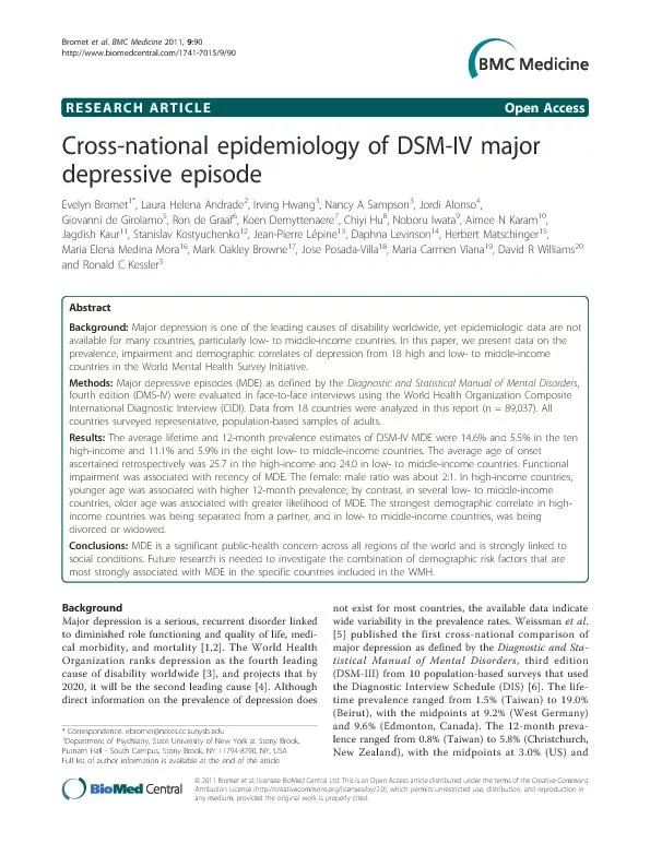 Cross national epidemiology of DSM IV major depressive episode