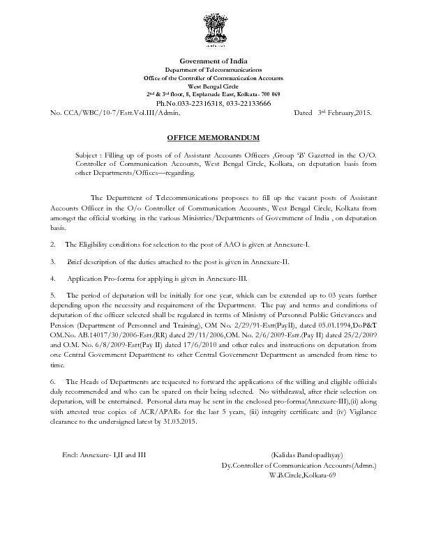Government of IndiaDepartment of elecommunicationsOffice of the ontrol