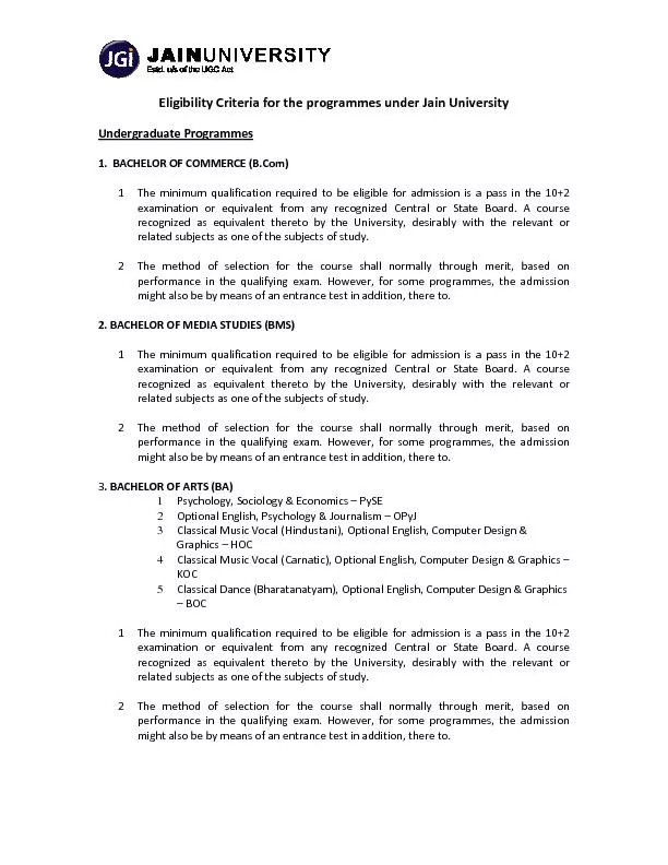 Eligibility criteria for the Programmes under jain university