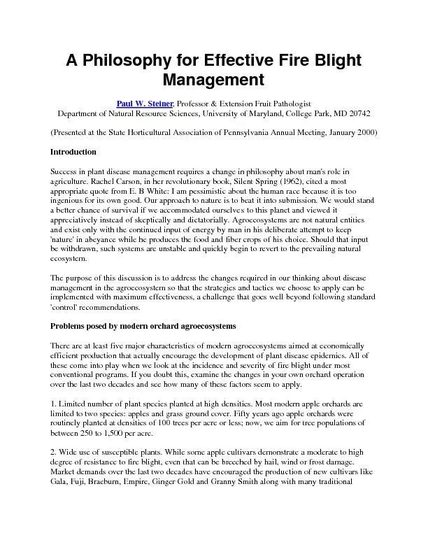 A Philosophy for Effective Fire Blight Management Paul W. Steiner
...