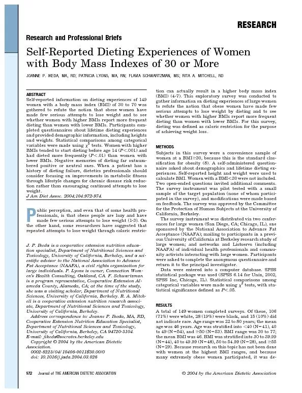 Self Reported Dieting Experiences of Women with body mass indexes of 30 more