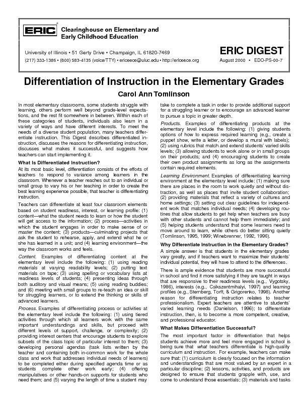 Differentiation of Instruction in the Elementary Grades