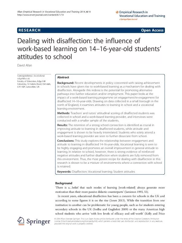 Dealing with disaffection the influence of work based learning on 14-16 years old students