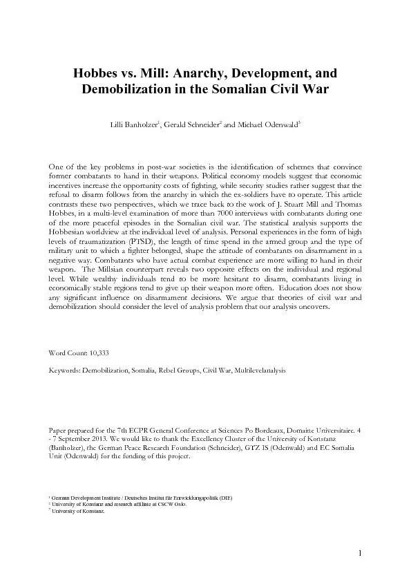 Hobbes vs mill anarchy development and demobilization in the Somalian civil war