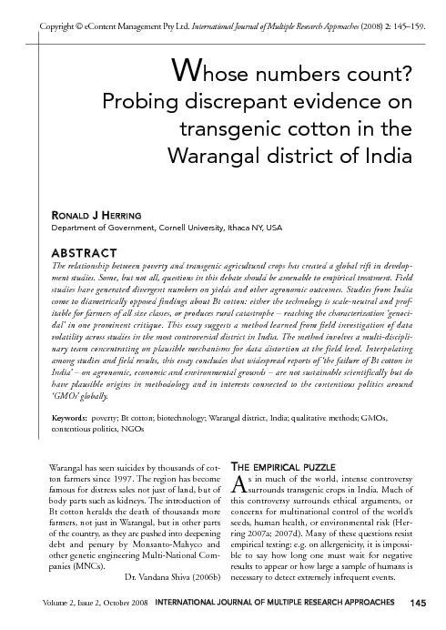 Whose numbers count probing discrepant evidence on transgenic cotton in the warangal district