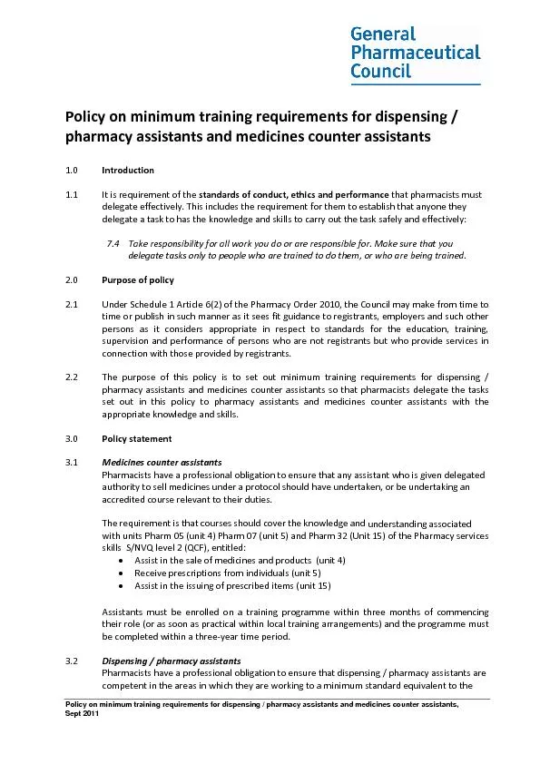 Policy on minimum training requirements for dispensing / pharmacy assistants
