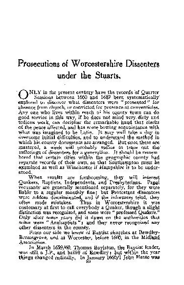 Prosecutions of Worcestershire Dissenters' under the stuarts