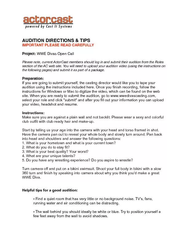 AUDITION DIRECTIONS AND TIPS IMPORTANT PLEASE READ CAREFULLY