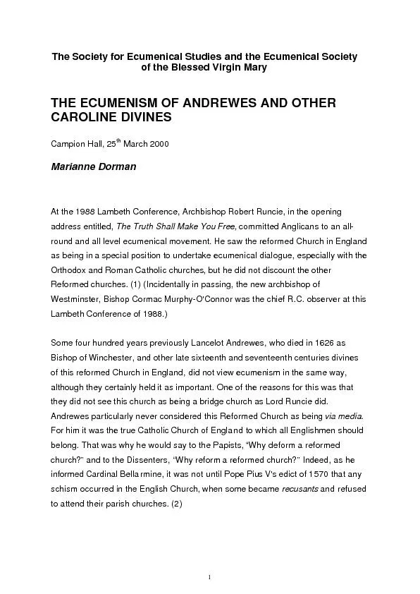 The ecumenism of andrewes and other caroline divines