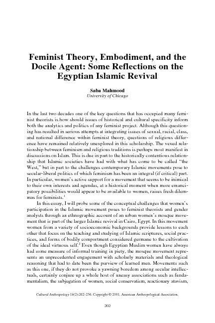 Feminist Theory, Embodiment, and the Docile Agent: Some Reflections on the egyptian Islamic