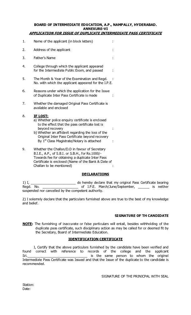 BOARD OF INTERMEDIATE EDUCATION, A.P., NAMPALLY, HYDERABAD. ANNEXURE-V