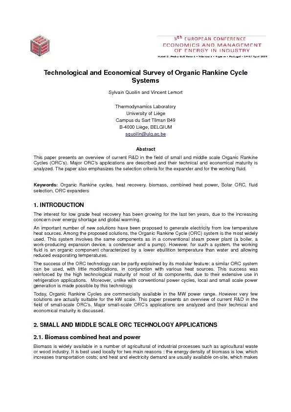 Technological and Economical Survey of Organic Rankine Cycle Systems S