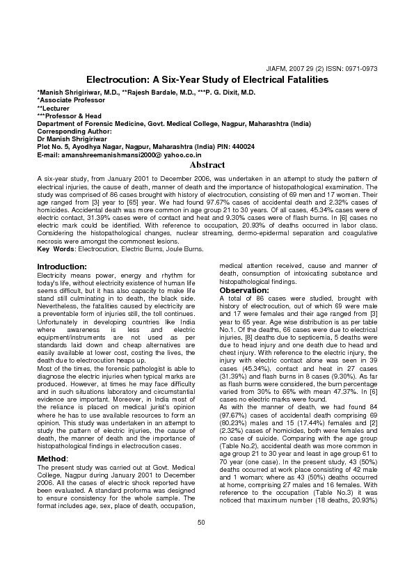 JIAFM, 2007 29 (2) ISSN: 0971-0973 50 Electrocution: A Six-Year Study