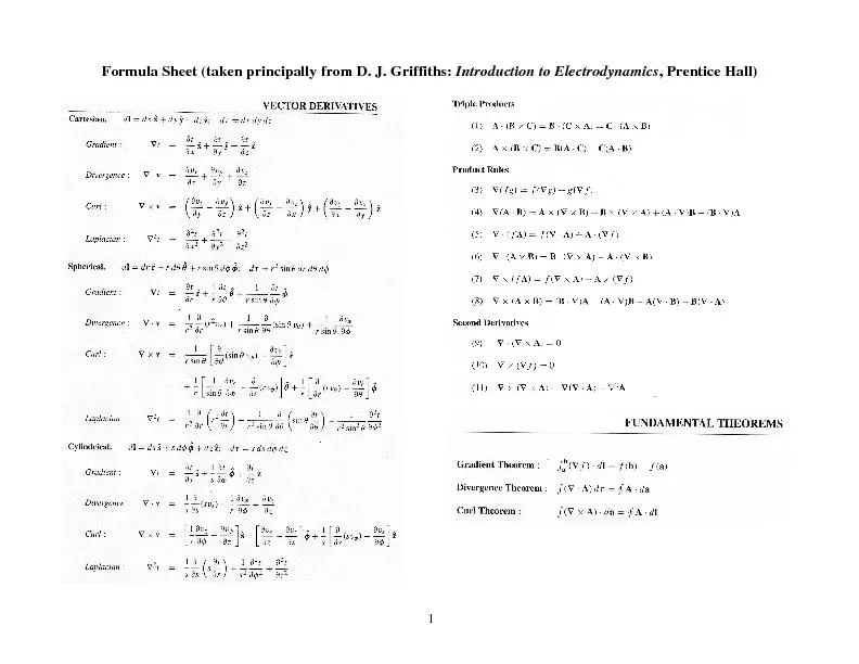 Formula Sheet (taken principally from D. J. Griffiths: Introduction to