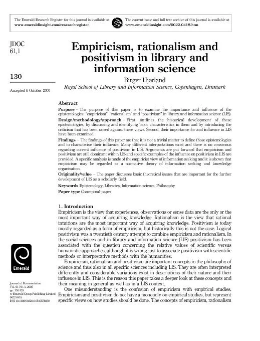 Empiricism,rationalismandpositivisminlibraryandinformationscienceBirge