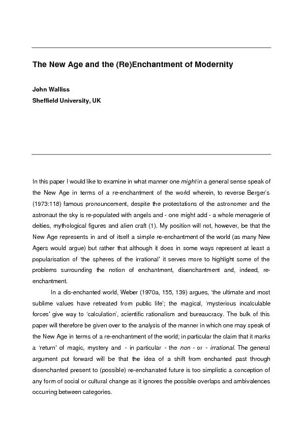 The New Age and the (Re)Enchantment of Modernity  John Walliss  Sheff