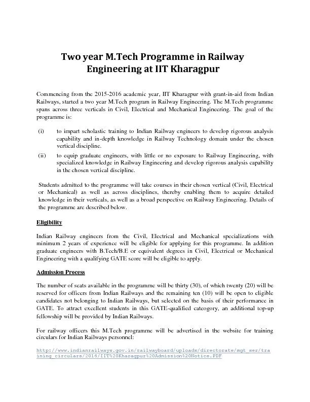Two year M.Tech Programme in Railway