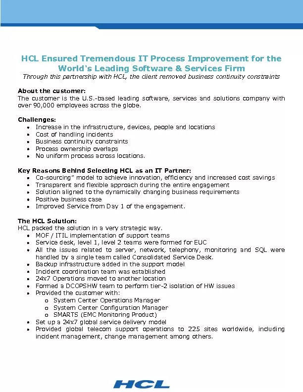HCL Ensured Tremendous IT Process Improvement for