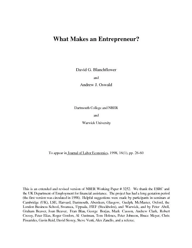 What Makes an Entrepreneur?David G. BlanchflowerAndrew J. OswaldDartmo