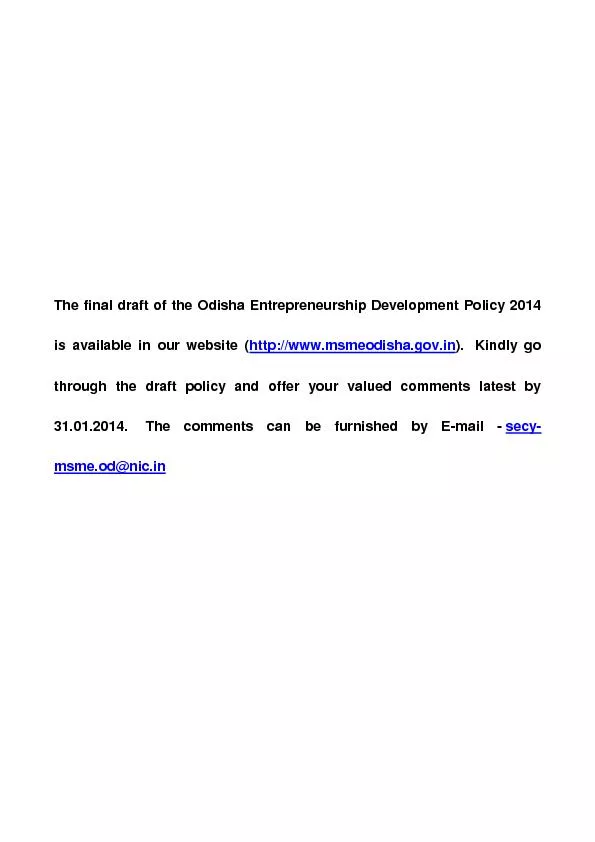 The final draft of the Odisha Entrepreneurship Development Policy 2014