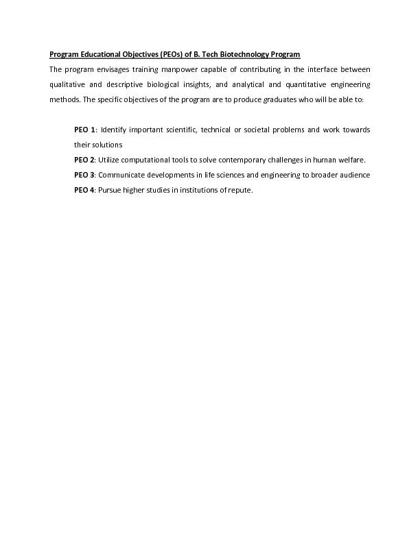 Program Educational Objectives (PEOs) of B. Tech Biotechnology Program