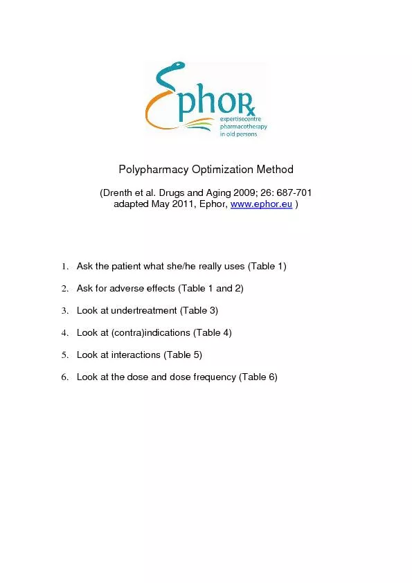 Polypharmacy Optimization Method  (Drenth et al. Drugs and Aging 2009;