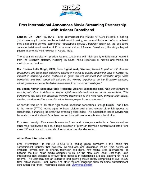 rosInternational Announces Movie Streaming PartnershipwithAsianet Broa