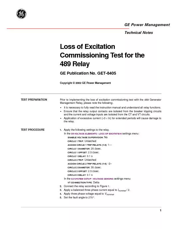 GET-8405: Loss of Excitation Commissioning Test for the 489 Relay
...