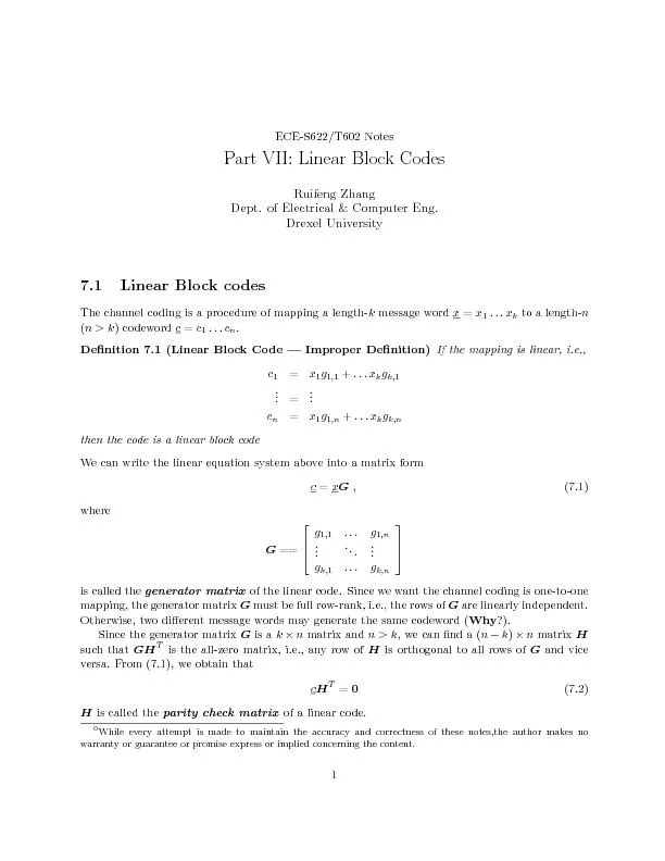 ECE-S622/T602NotesPartVII:LinearBlockCodesRuifengZhangDept.ofElectrica