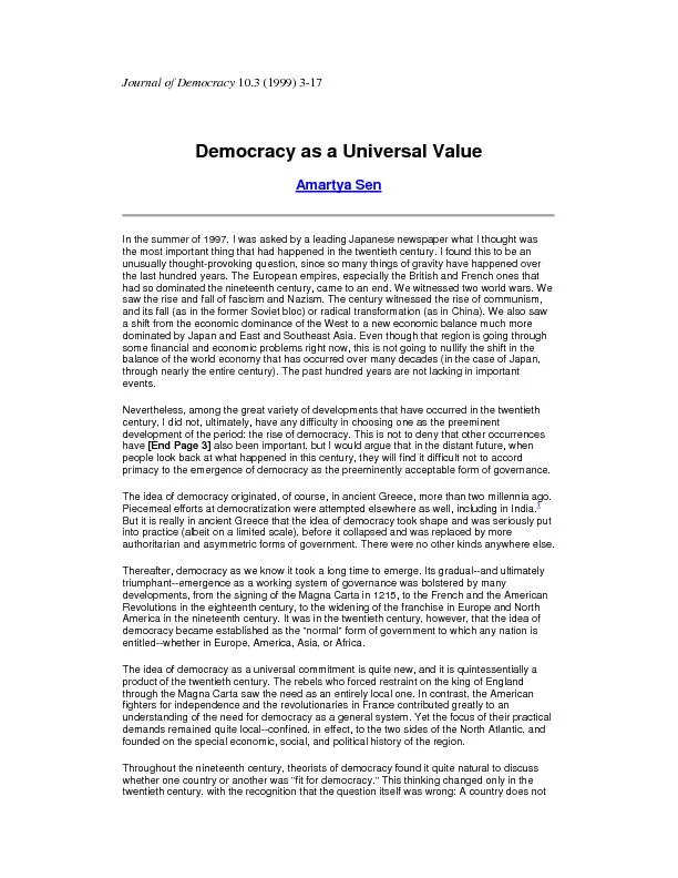Journal of Democracy 10.3 (1999) 3-17Democracy as a Universal Value