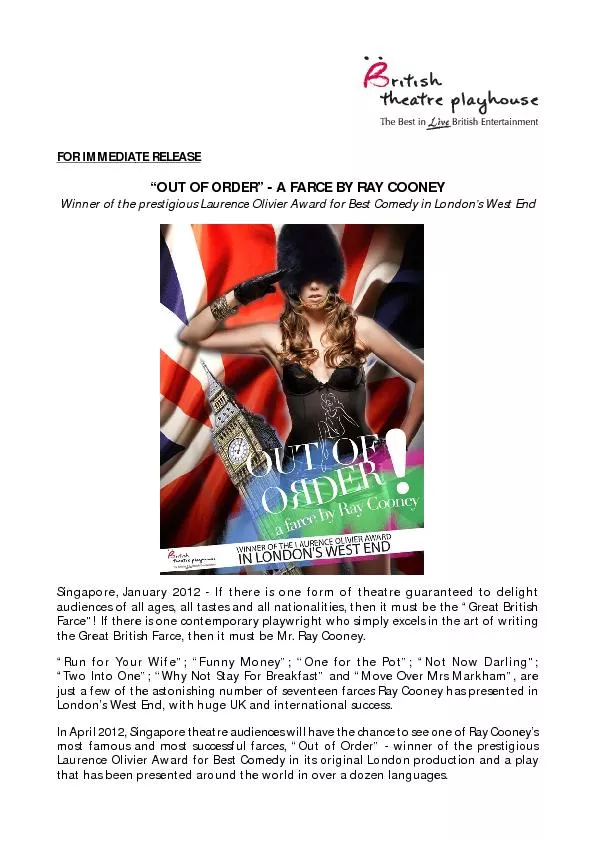 out of order a farce by ray cooneywinner of the prestigi