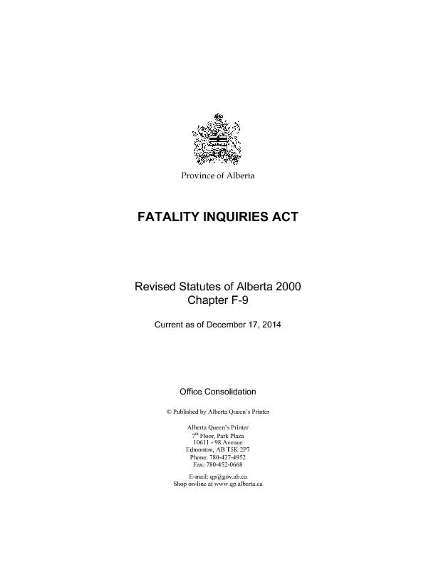 FATALITY INQUIRIES ACT  Definitions  Part 1 Administration The Fatalit