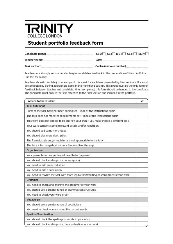 Student portfolio feedback formCandidate name:ISE 0ISE IISE IIISE IIII