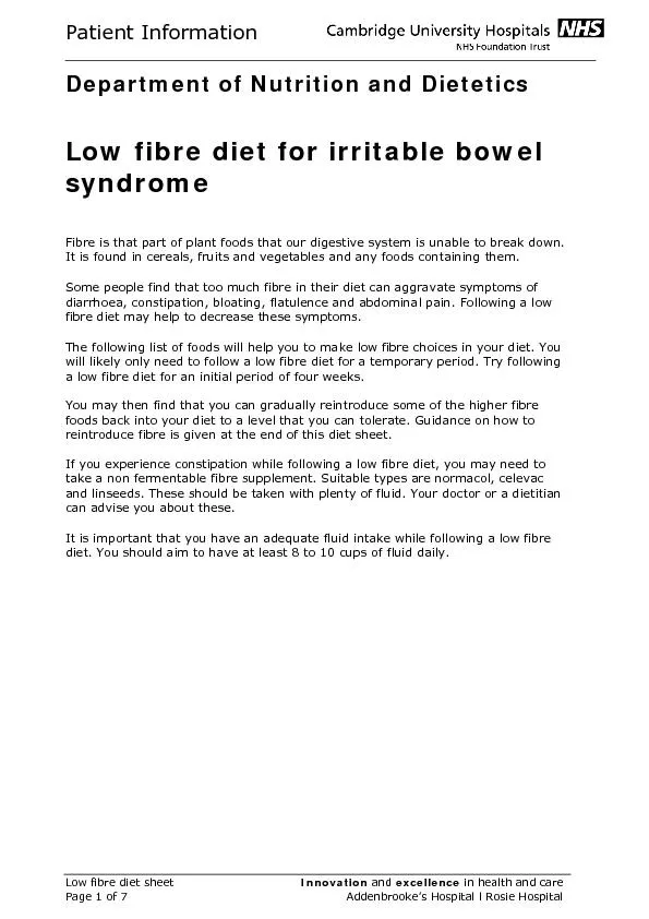 Patient Information   Low fibre diet                                 I