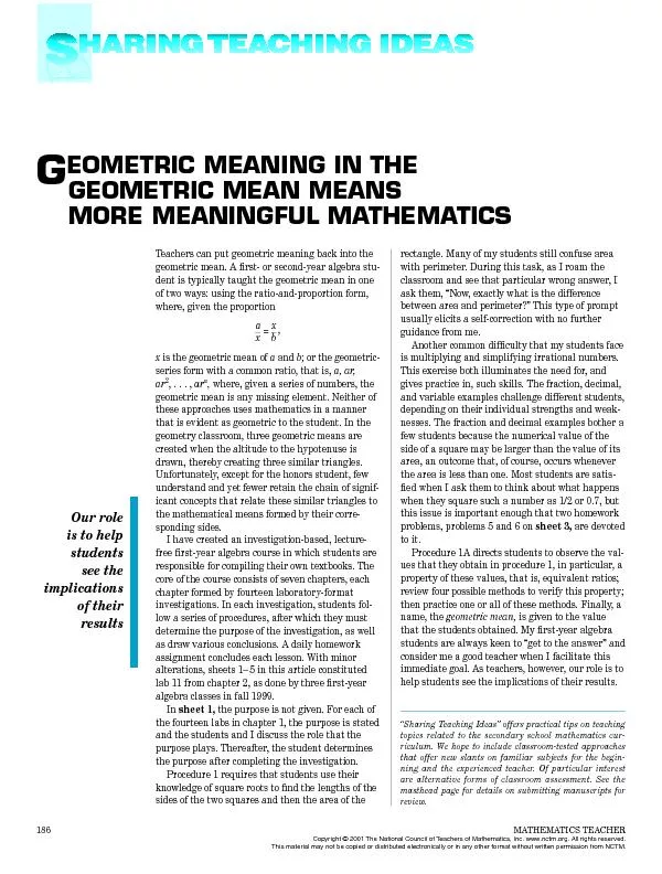 MORE MEANINGFUL MATHEMATICSTeachers can put geometric meaning back int