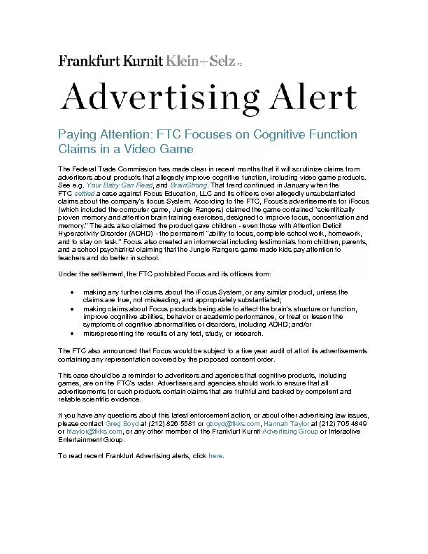 Paying Attention: FTC Focuses on Cognitive Function