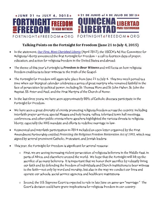 Talking Points on the Fortnight for Freedom (June 21 to July 4, 2015In