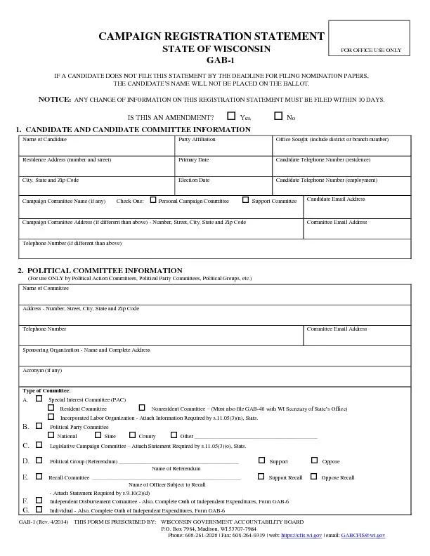CAMPAIGN REGISTRATION STATEMENT      STATE OF WISCONSIN   FOR OFFICE U