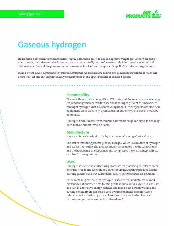 Hydrogen is a colorless, odorless, tasteless, highly ammable gas. It