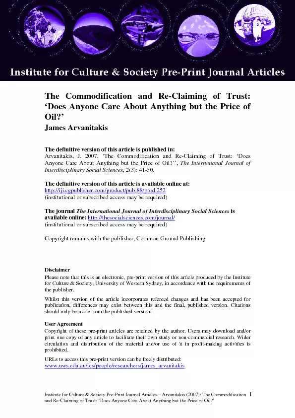 Institute for Culture & SocietyPrePrint Journal Articles Arvanitakis(2