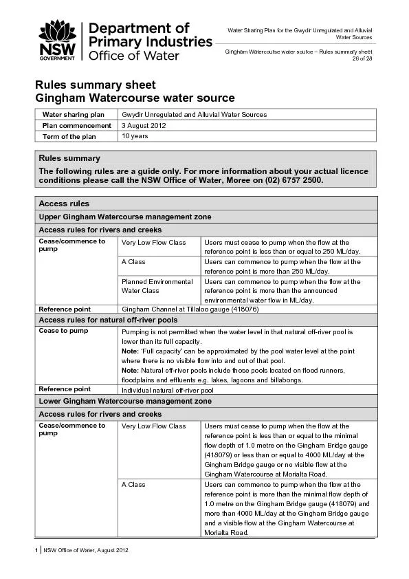 Water Sharing Plan for the Gwydir Unregulated and Alluvial