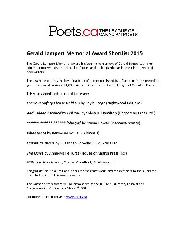 Gerald Lampert Memorial Award Shortlist 201The Gerald Lampert Memorial