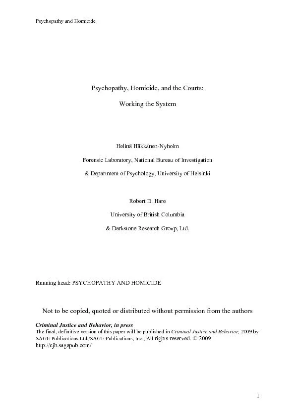 Psychopathy and Homicide Psychopathy, Homicide, and the Courts: Helin
