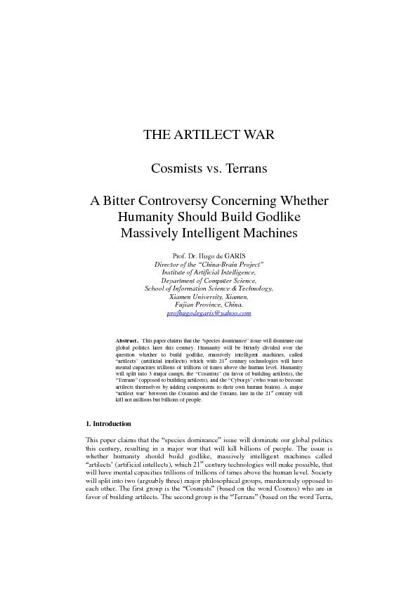 THE ARTILECT WARCosmists vs. TerransA Bitter Controversy Concerning Wh