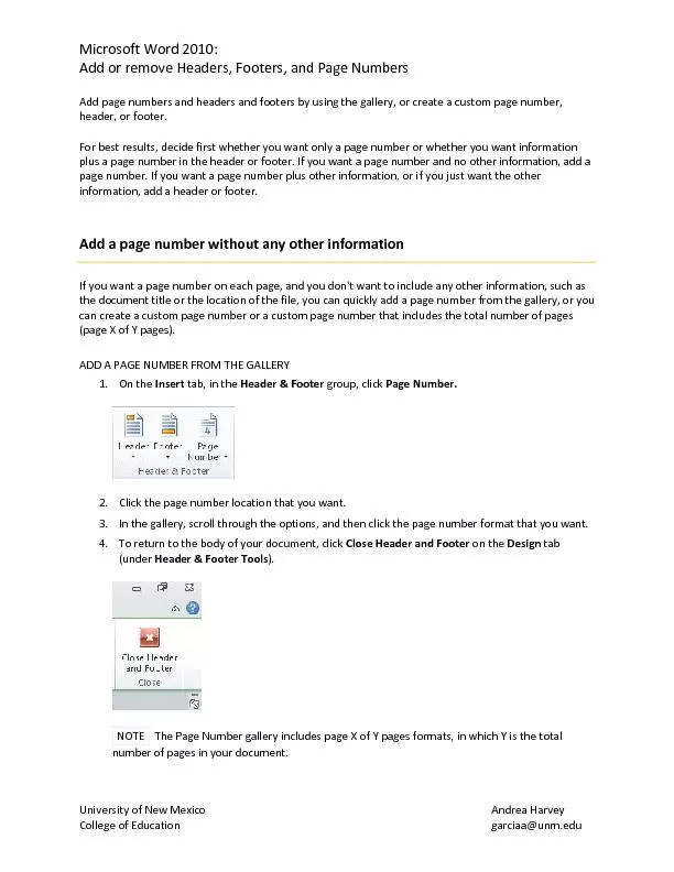 Microsoft Word 2010:Add or remove Headers, Footers, and Page Numbers