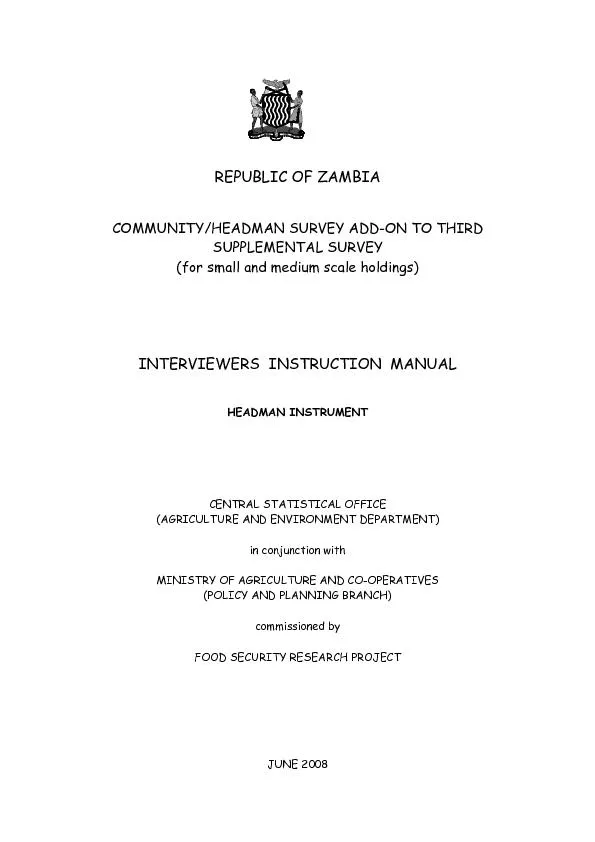 REPUBLIC OF ZAMBIA   COMMUNITY/HEADMAN SURVEY ADD-ON TO THIRD SUPPLEME