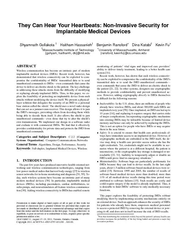 TheyCanHearYourHeartbeats:Non-InvasiveSecurityforImplantableMedicalDev